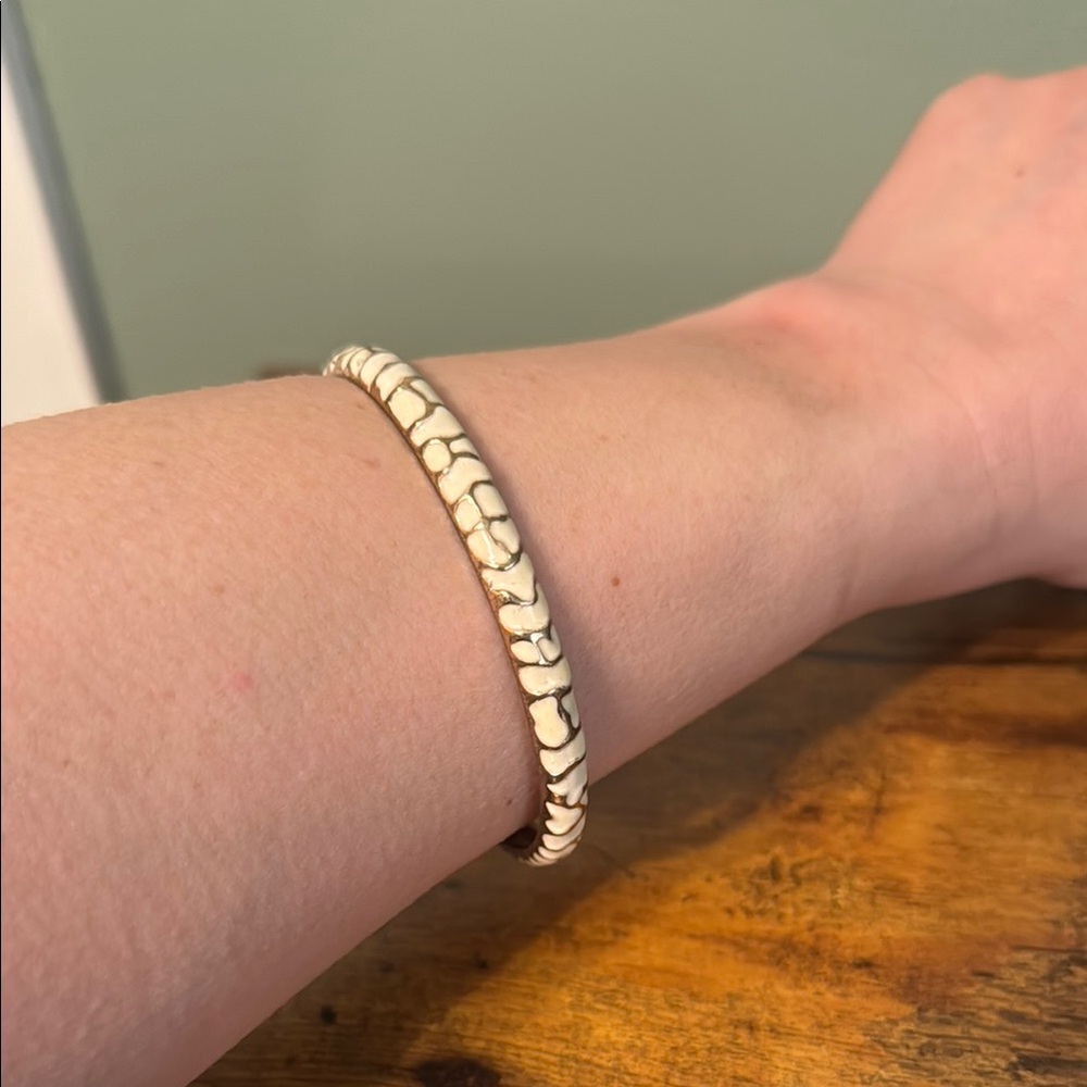 Vintage Silver Metal and Cream Enamel Bangle Bracelet, Retro, Boho